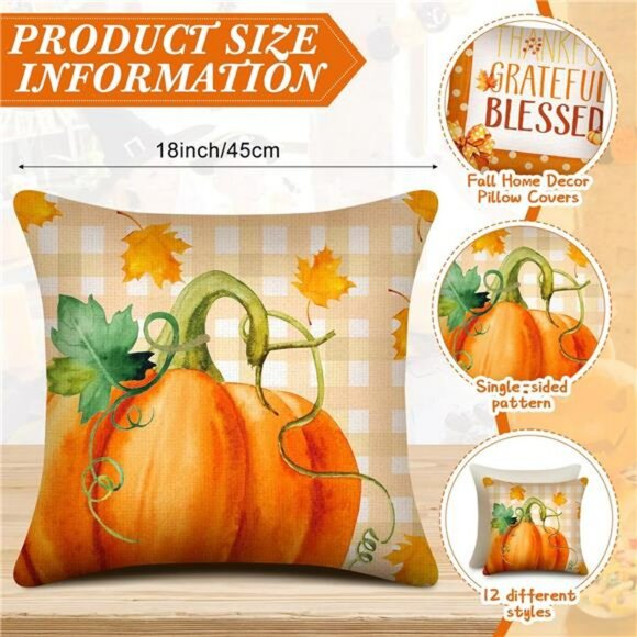 Fall Pumpkin Pillow Covers Set of 12 Thanksgiving Autumn Throw Pillow Cases 18x1 - Picture 4 of 8